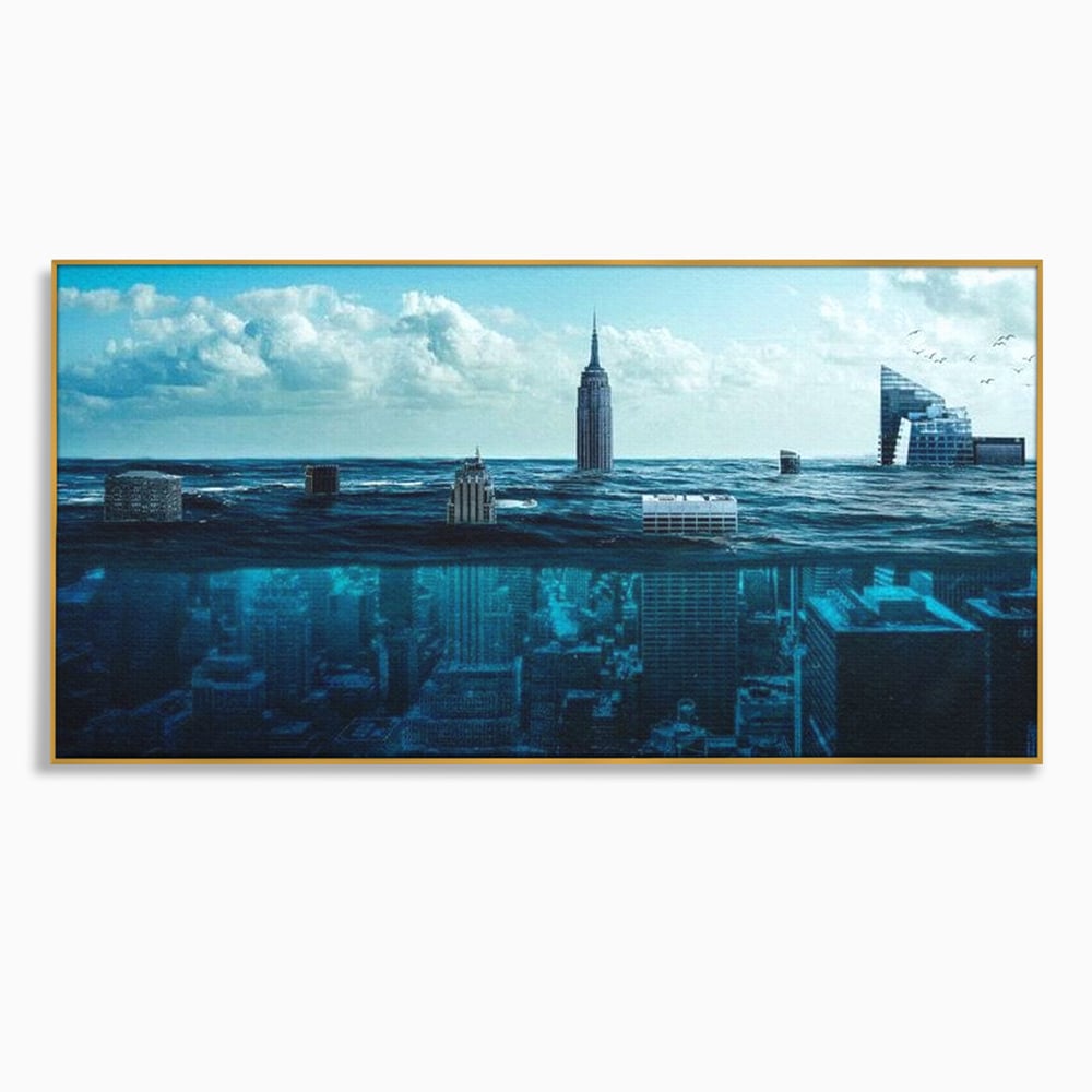 Tablou canvas cu ilustratie digitala cu oras scufundat in ocean, in rama de aluminiu auriu